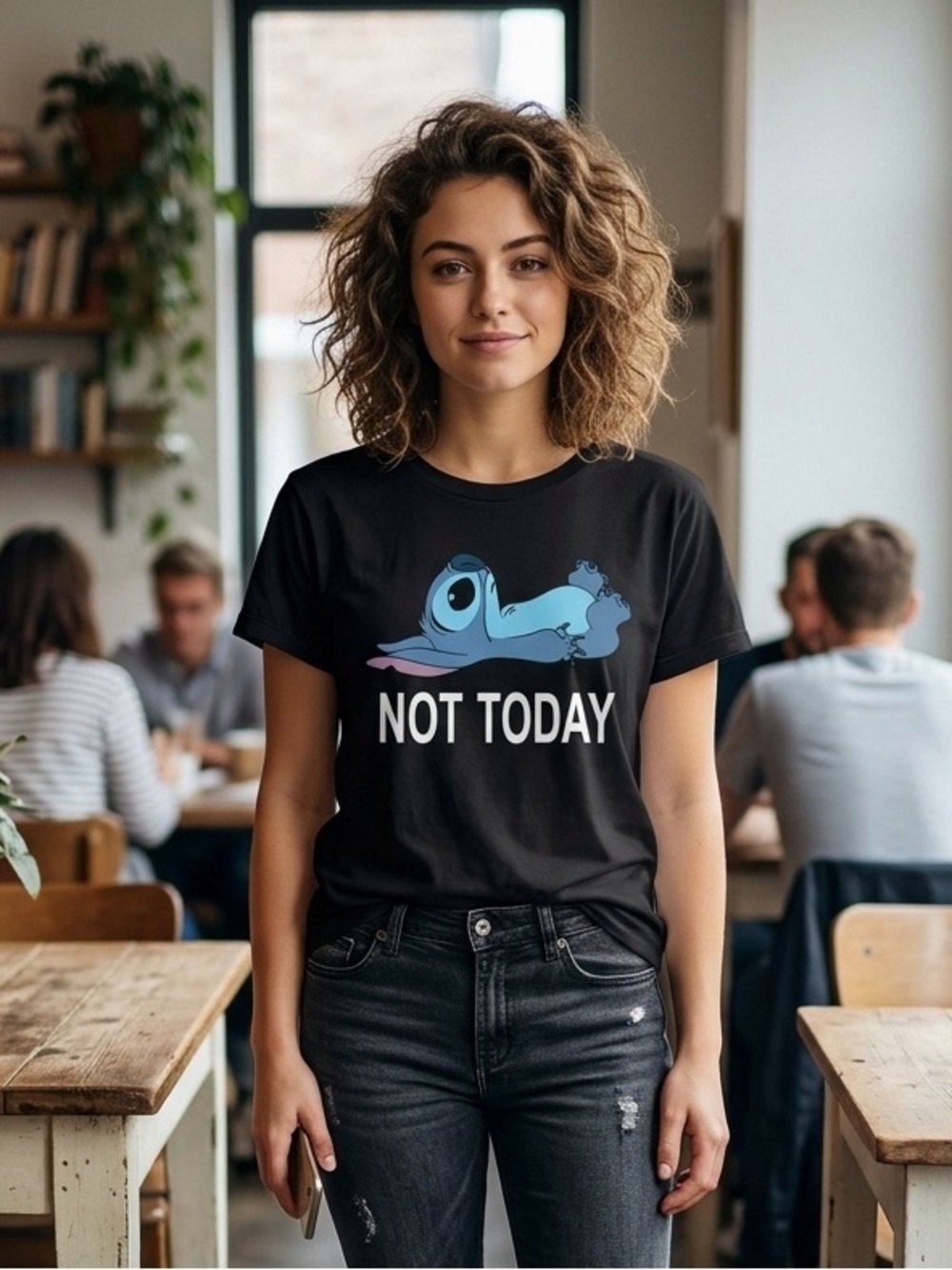 Disney Black Tee with Blue Stitch "Not Today" Graphic
